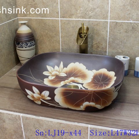 LJ19-x44    Brown background ceramic with fantastic lotus design ceramic wash sink
