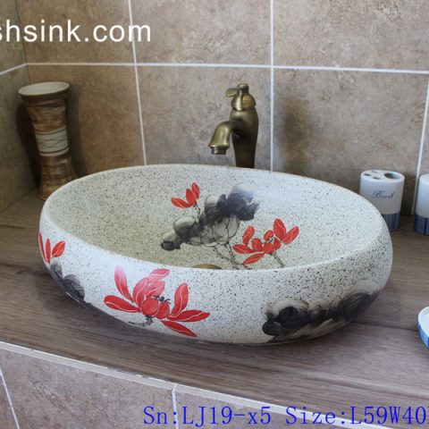 LJ19-x5    Marble color beautiful red flower design ceramic lavabo