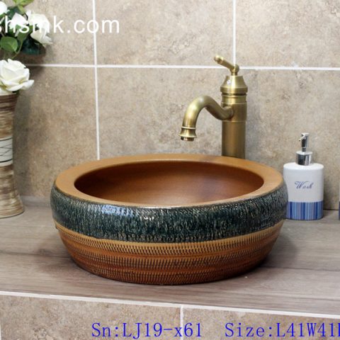 LJ19-x61    Imitation wood hand made retro porcelain lavabo