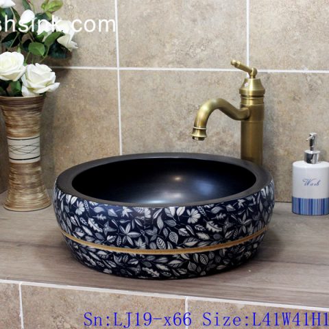 LJ19-x66    Deep blue background various leaves design ceramic wash sink