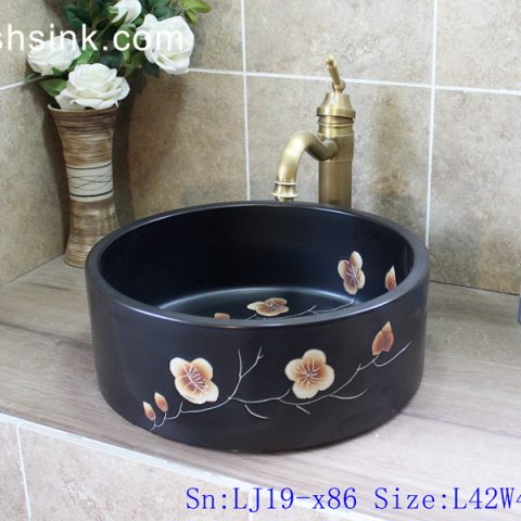 LJ19-x86    Cylinder black ceramic with design of characteristic flower wash basin