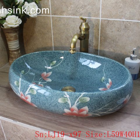 LJ19-x97    Sky blue glossy ceramic with design of pink flower wash basin