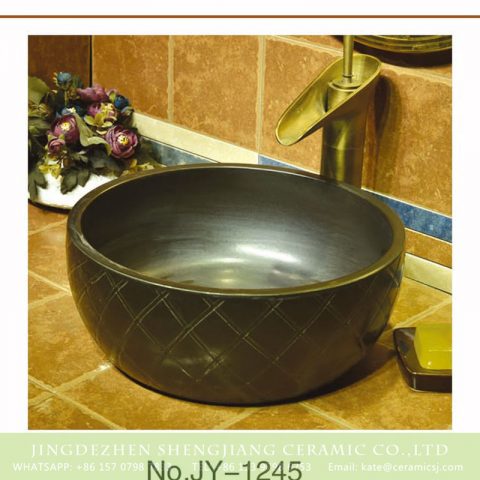 China conventional retro style dark color ceramic and hand carved check design surface wash sink    SJJY-1245-31