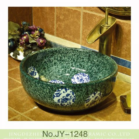 Shengjiang factory seaweed green color porcelain with blue and white round pattern vanity basin    SJJY-1248-31
