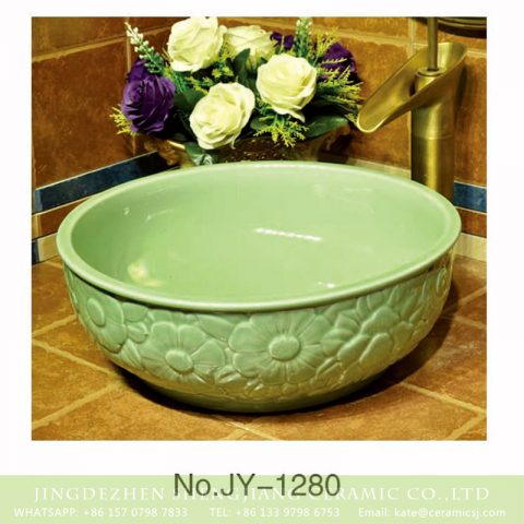 Jingdezhen wholesale green color porcelain with hand carved flowers pattern wash basin    SJJY-1280-34
