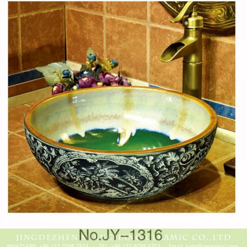 Pure hand painted color glazed inner wall and exquisite pattern surface art vanity basin    SJJY-1316-37