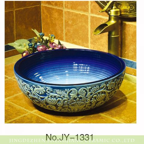 Shengjiang factory the gradient blue color with hand carved special design surface wash basin    SJJY-1331-39