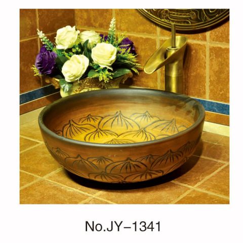 Jingdezhen wholesale deep brown color porcelain with hand carved design wash basin    SJJY-1341-40