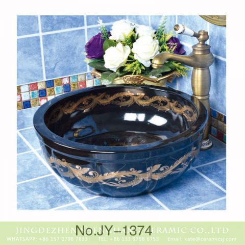 Pure hand craft high gloss porcelain black thick edge with gold pattern wash sink    SJJY-1374-43