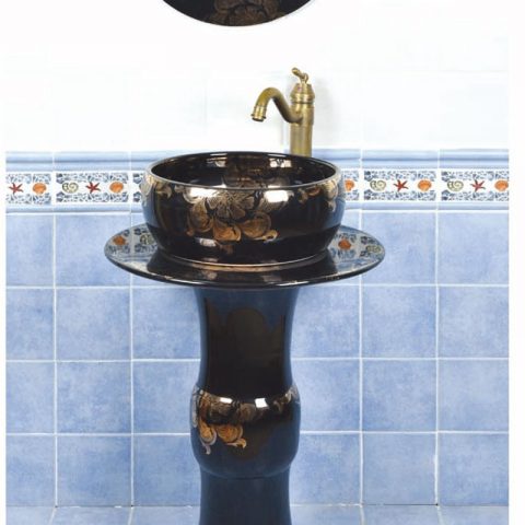 Asia online sale black smooth porcelain with yellow flowers pattern column basin      SJJY-1509-60