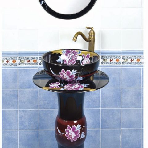 Japanese style smooth black ceramic with flowers pattern one piece basin     SJJY-1512-60