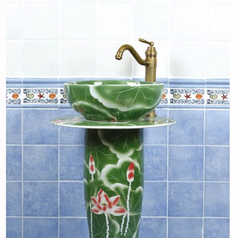 Made in China green color with lotus pattern high gloss pedestal basin      SJJY-1514-61