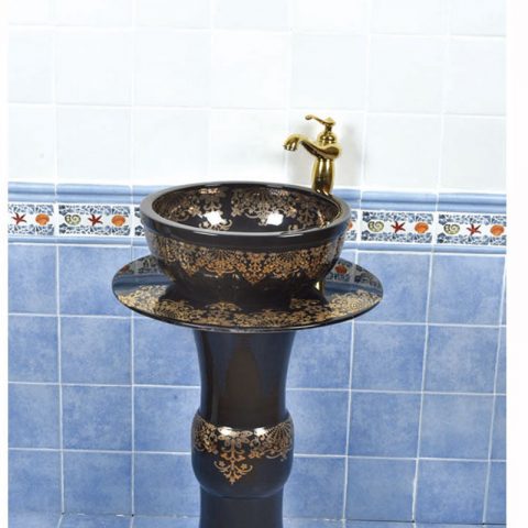 Shengjiang factory porcelain black color with golden pattern pedestal basin     SJJY-1515-61