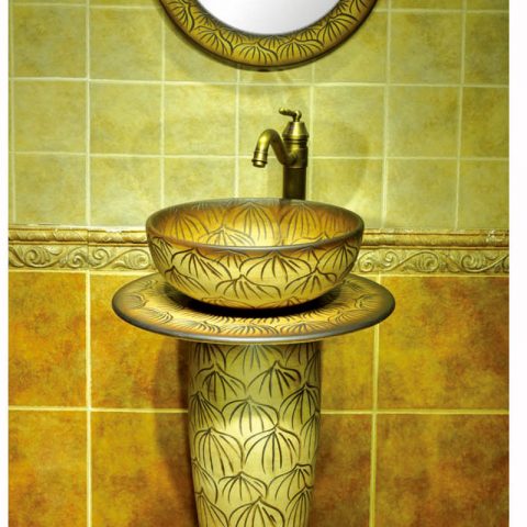 Jingdezhen wholesale wood color with hand carved steamed bun pattern pedestal basin      SJJY-1526-63