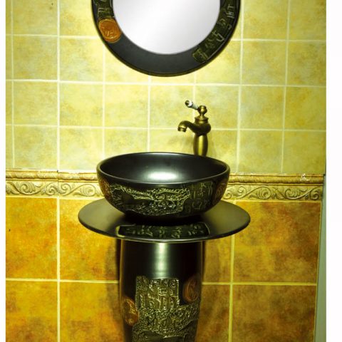 Traditional retro design matte black color porcelain one piece basin     SJJY-1530-63