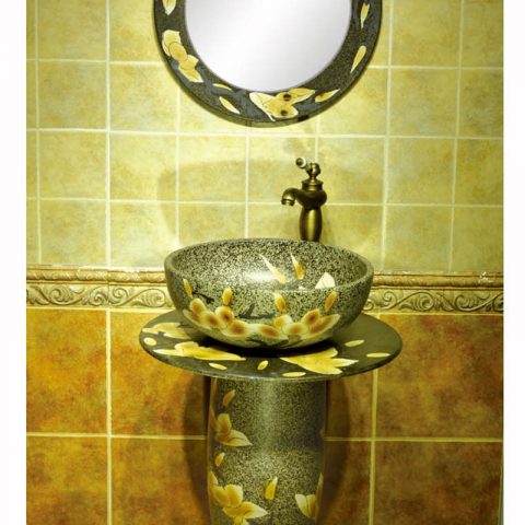 SJJY-1546-66     China exporter best choice marble ceramic with yellow flowers pattern column basin