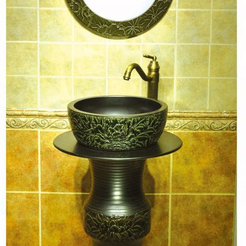 SJJY-1550-67    Asia plain black color with hand carved pattern pedestal basin