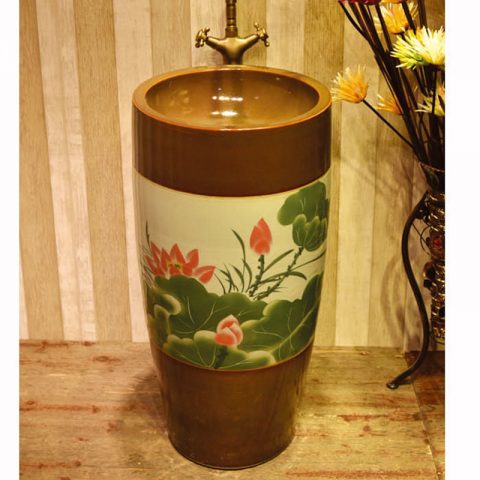 SJJY-1566-71   High gloss porcelain brown color with lotus pattern surface easy clean pedestal basin