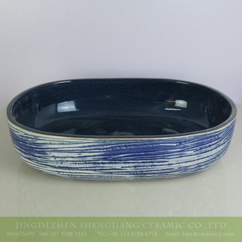 sjbyl-6002 Famous porcelain city produce black smooth inside and blue stripe oval wash sink