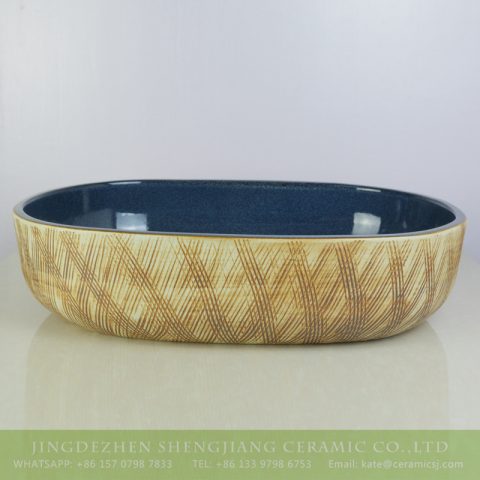 sjbyl-6004  Shengjiang factory hot sell wood color hand carved oval ceramic wash basin
