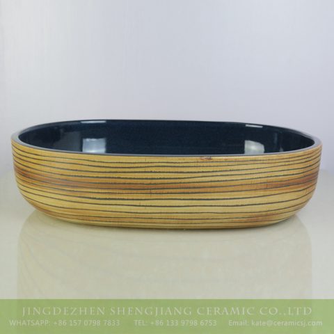sjbyl-6007  Wood color with hand carved stripe oval durable basin
