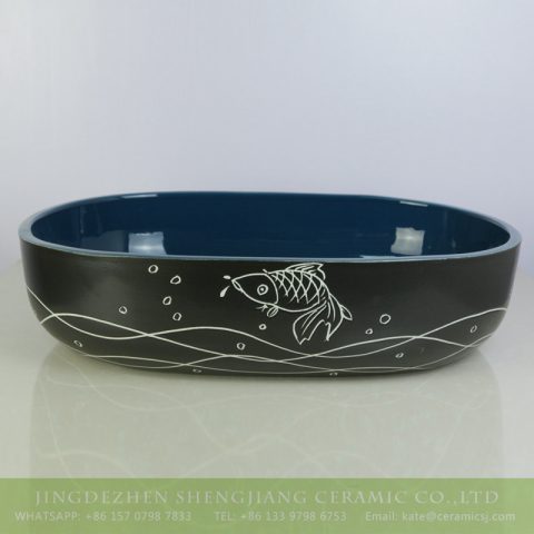sjbyl-6009  Hot sale produce black smooth ceramic with hand painted fish pattern wash sink