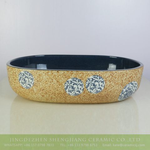 sjbyl-6010   Traditionsl style porcelain with blue and white flowers pattern oval sink