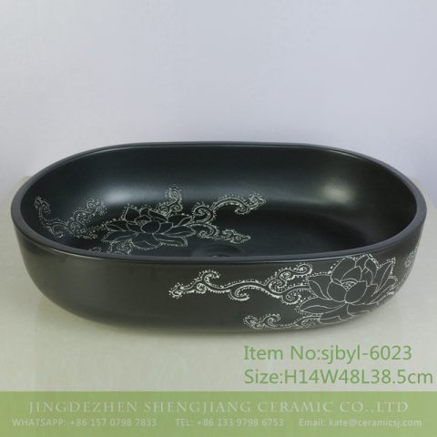 sjbyl-6023  Daily ceramic basin large oval black lotus vine decorative pattern porcelain basin wash basin