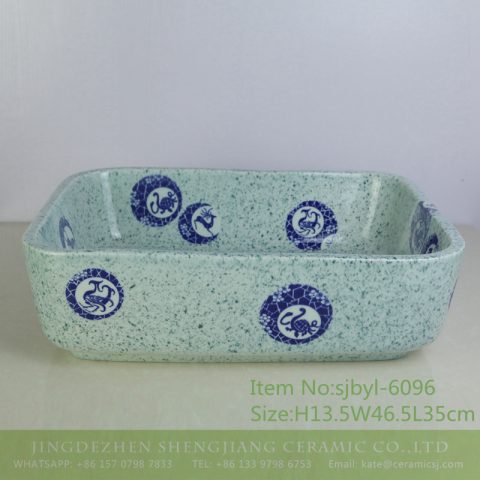 sjbyl-6096 Traditional bean-green Chinese zodiac pattern wash basin daily ceramic basin large oval porcelain basin