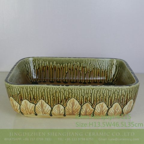 sjbyl-6115 Forest pattern yellow-green wash basin daily ceramic basin large oval porcelain basin