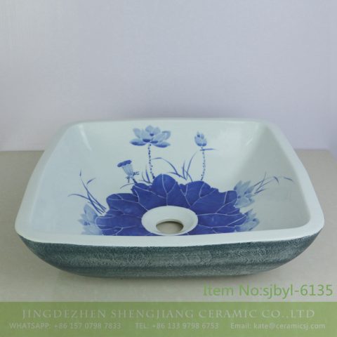 sjbyl-6135 The lavabo of green clay and lotus printing style  ceramic basin Chinese traditional style  pure and fresh quietly elegant