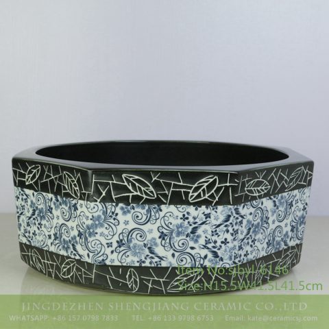 sjbyl-6146 Dark octagonal elegant black durable daily necessities blue and white ceramic basin daily high-grade ceramics