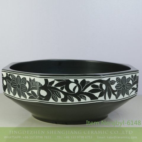 sjbyl-6148 China ceramic basin daily high-grade ceramic wash basin octagonal black and white pattern