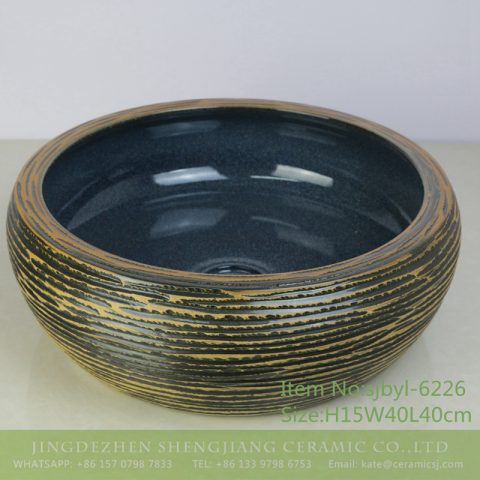 sjbyl-6226 Inside blue flower glaze dark brown knife carved wash basin ceramic basin daily round