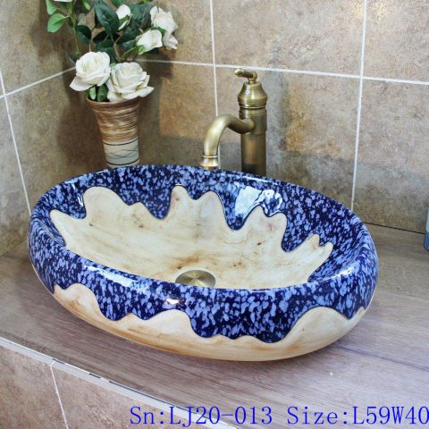 LJ20-013  white and blue wax gourd shaped ceramic washbasin