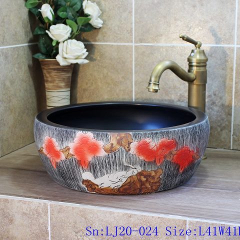 LJ20-024 Hand-painted watermelon red flower pattern round ceramic washbasin