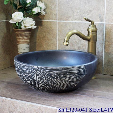 LJ20-041 Hand-carved round washbasin with blue lotus leaf