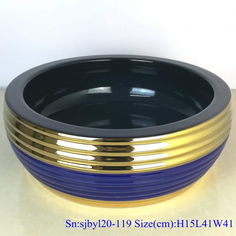 sjby120-119 Jingdezhen ceramic washbasin with gold coil pattern on blue background