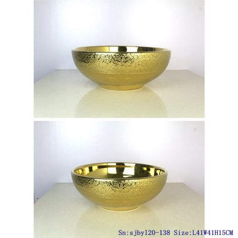 sjby120-138 Ceramic round washbasin with golden chrysanthemum pattern