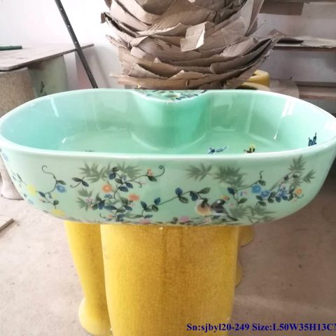 sjby120-249 Jingdezhen Hand painted ceramic washbasin with jade blue gold flower and bird patterns